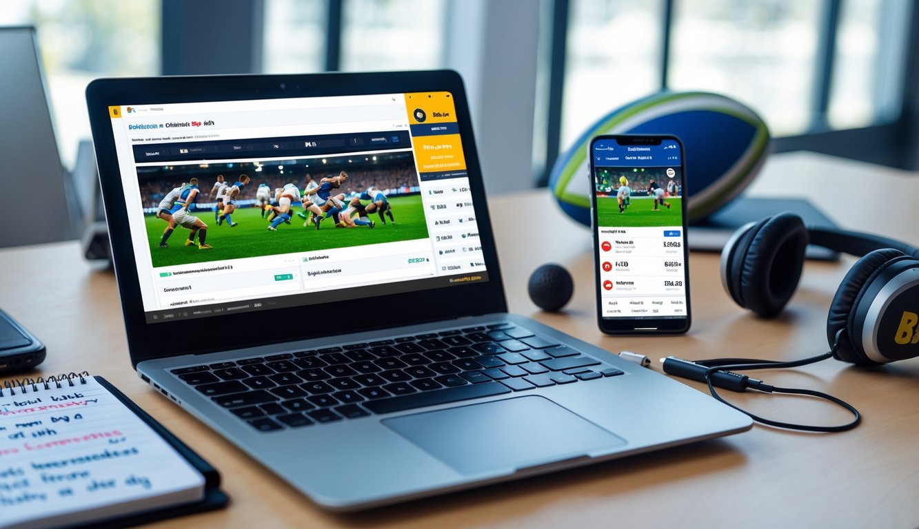 Meja kerja modern dengan laptop yang menampilkan pertandingan rugby, buku catatan dengan catatan, dan ponsel yang menunjukkan aplikasi taruhan.