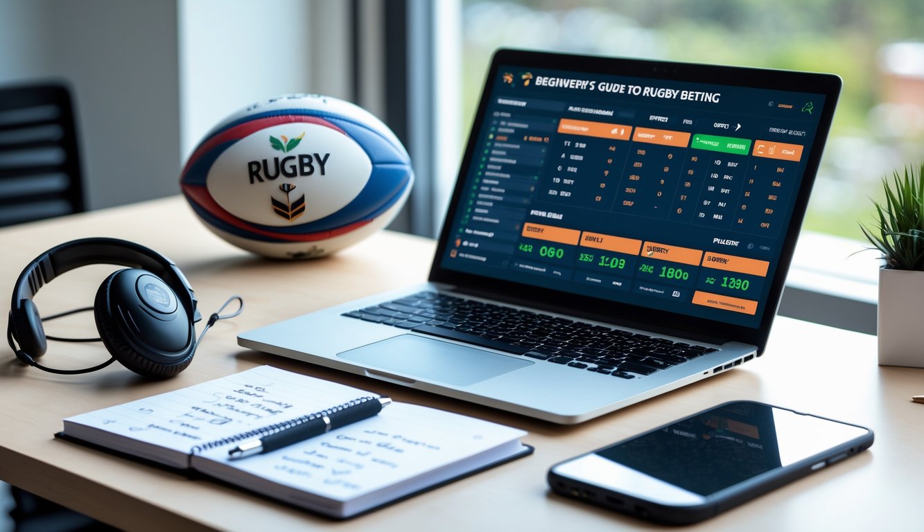 Meja kerja dengan laptop yang menampilkan peluang taruhan rugby, buku catatan dengan tulisan tangan, bola rugby, dan headphone olahraga.