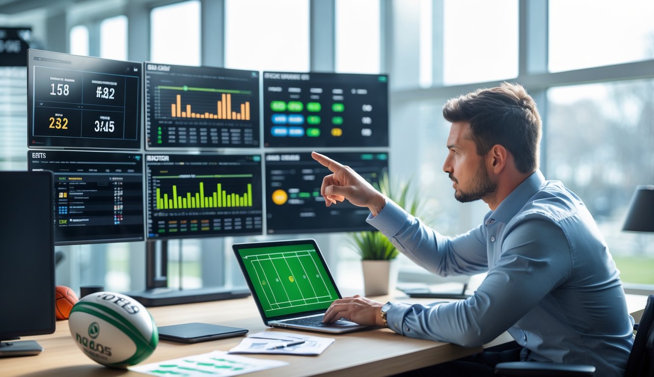 Seorang analis olahraga sedang memeriksa data dan statistik pertandingan rugby di depan beberapa layar komputer di sebuah kantor yang terang.