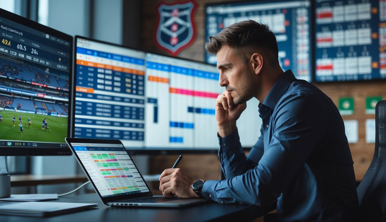 Seorang analis olahraga sedang mempelajari statistik pertandingan rugby di depan beberapa monitor besar di kantor modern.