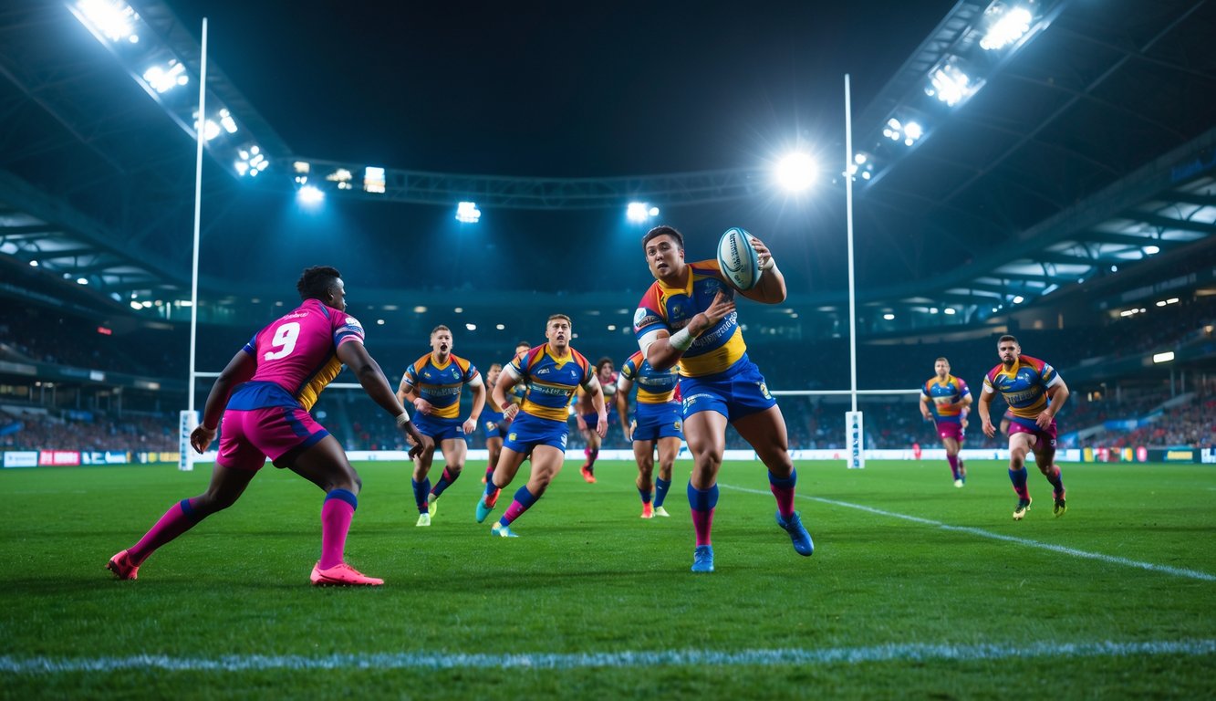 Pertandingan rugby malam hari dengan pemain yang sedang bertanding di lapangan hijau dan penonton di latar belakang.