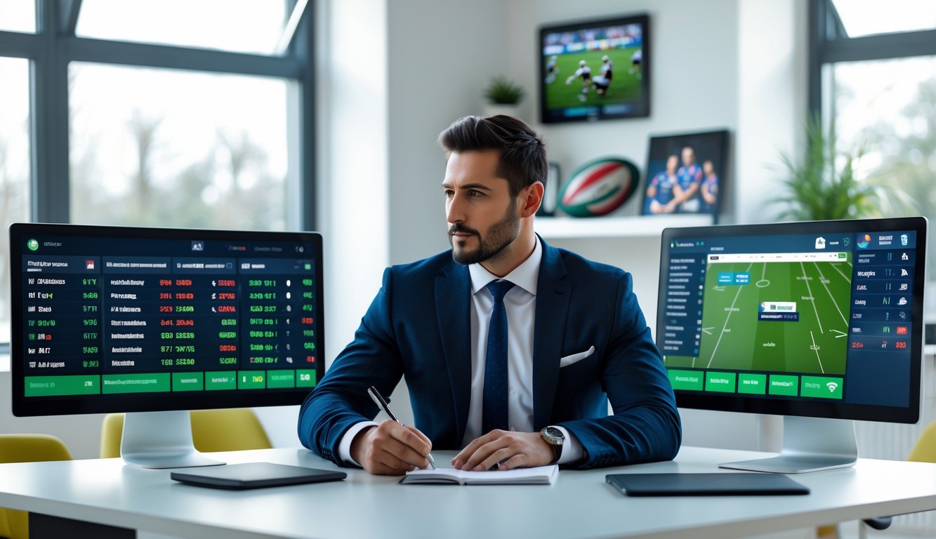 Seorang pria duduk di meja modern dengan beberapa layar yang menampilkan statistik pertandingan rugby dan peluang taruhan, terlihat fokus menganalisis data.