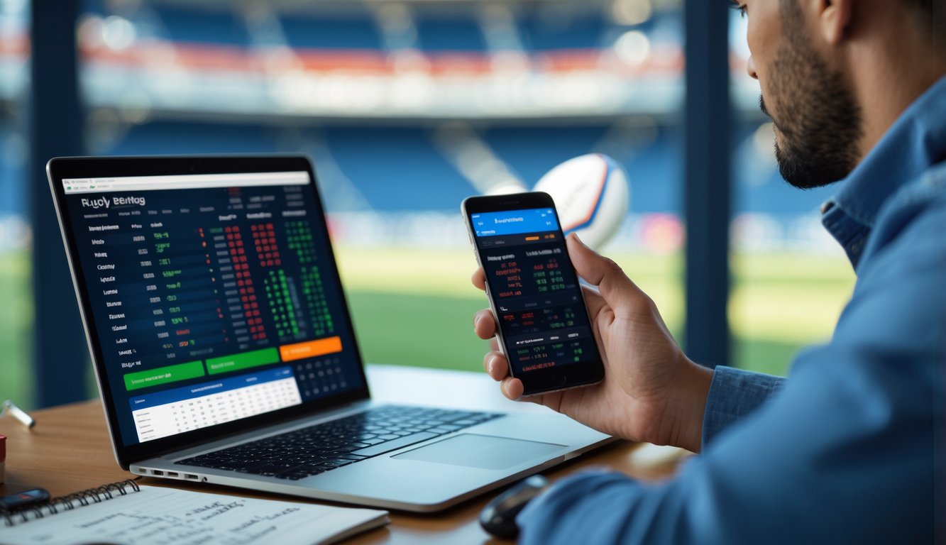 Seseorang sedang menganalisis peluang taruhan rugby menggunakan laptop dan ponsel di meja kerja dengan bola rugby di latar belakang.