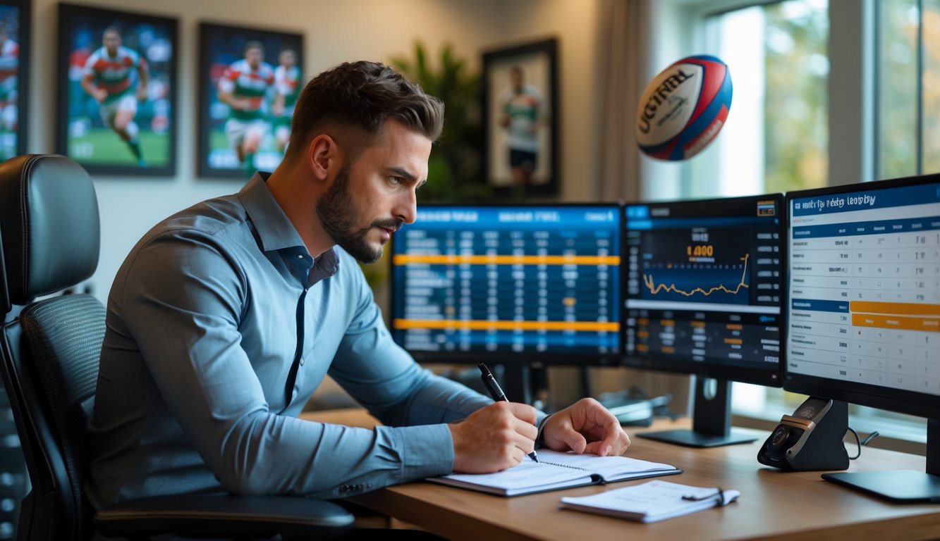 Seorang pria fokus menganalisis strategi taruhan rugby di meja kerja dengan layar komputer menampilkan statistik dan grafik rugby.