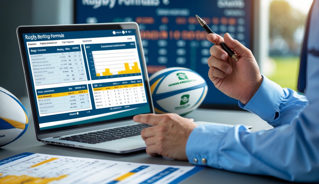 Seorang pria sedang menganalisis data taruhan rugby di depan laptop dengan bola rugby dan papan skor di latar belakang.