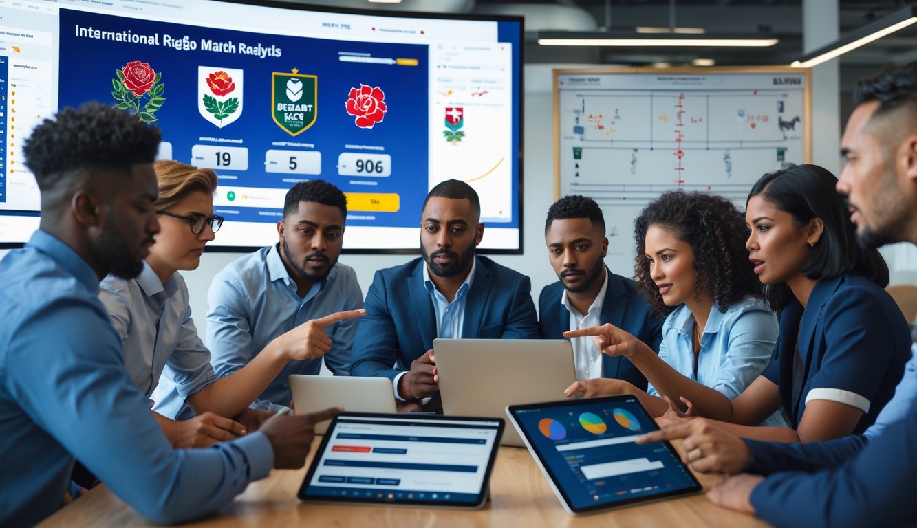 Sekelompok analis sedang berdiskusi di kantor dengan layar digital menampilkan data dan statistik pertandingan rugby internasional.