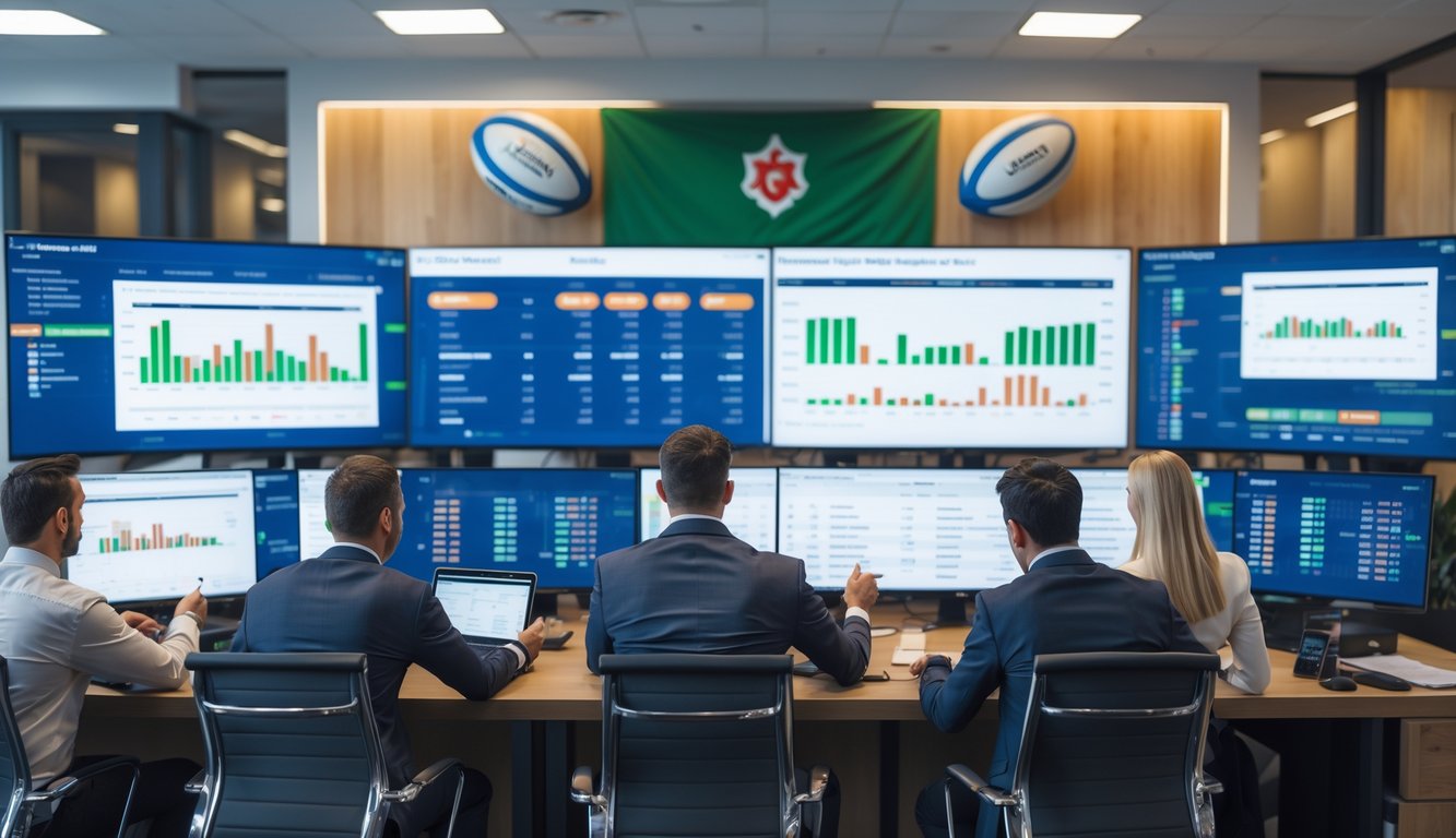 Sekelompok profesional sedang menganalisis data pertandingan rugby internasional di kantor modern dengan layar besar dan perangkat elektronik.