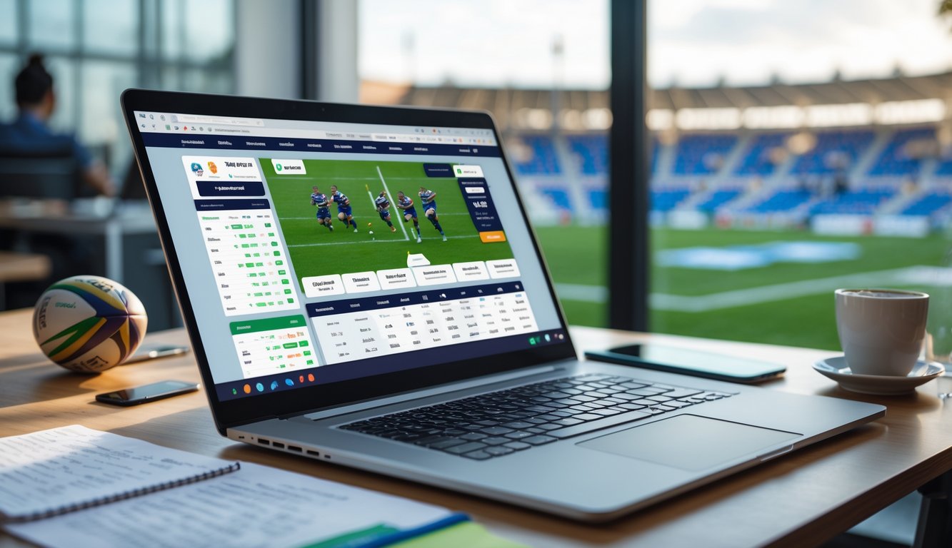 Meja kerja modern dengan laptop menampilkan pertandingan rugby, catatan, ponsel dengan aplikasi taruhan, dan bola rugby di latar belakang.