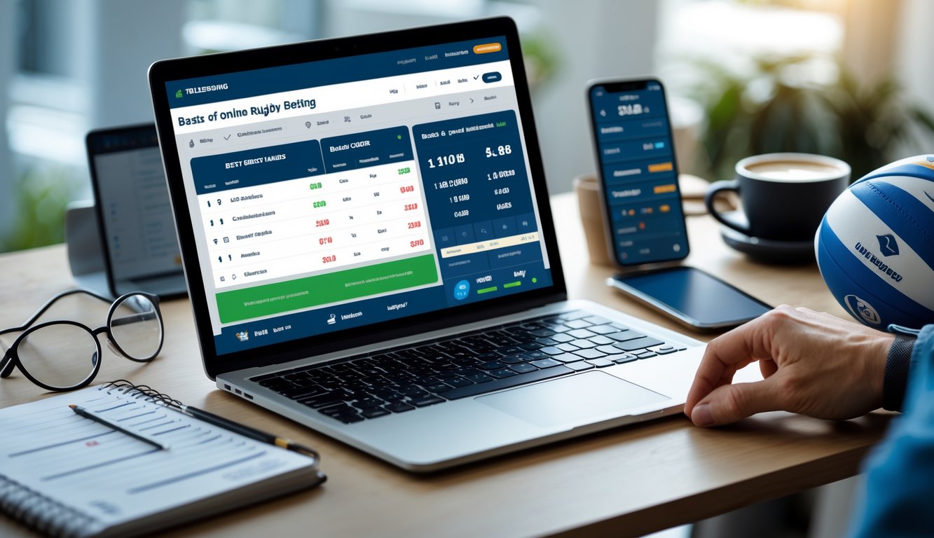 Seorang pria sedang menggunakan laptop dengan layar menampilkan peluang taruhan rugby, dikelilingi bola rugby dan catatan strategi di meja kerja.