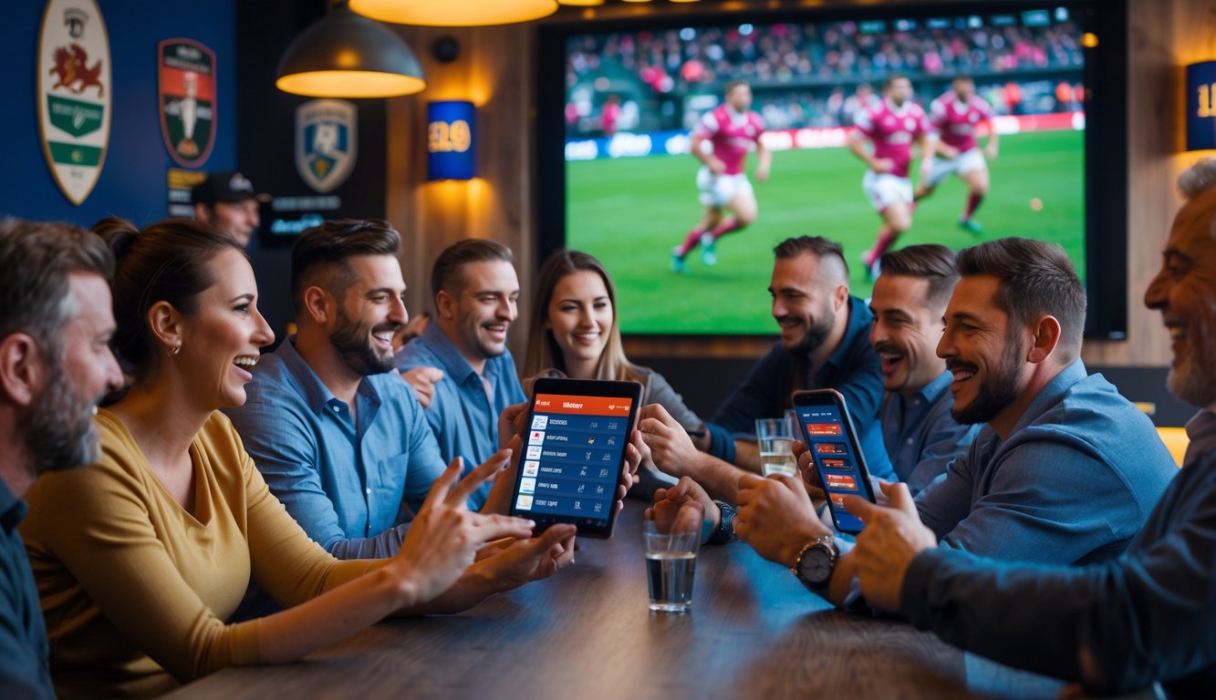 Sekelompok orang menonton pertandingan rugby secara langsung sambil menggunakan ponsel dan tablet untuk bertaruh.