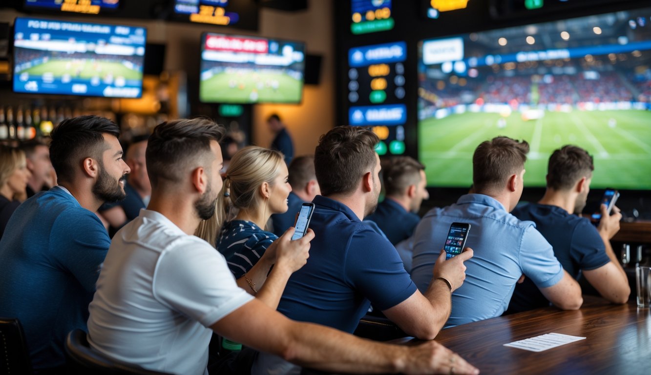 Sekelompok orang menonton pertandingan rugby secara langsung sambil menggunakan perangkat untuk memasang taruhan di tempat umum.