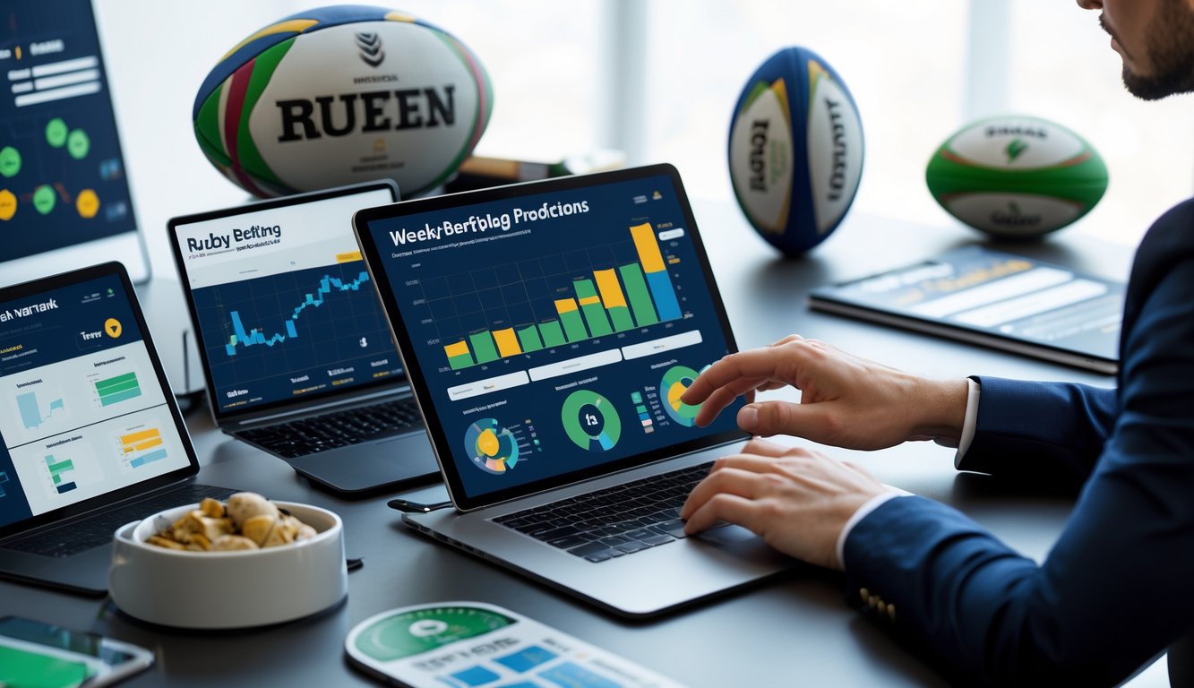 Seseorang sedang menganalisis data statistik taruhan rugby mingguan di meja kerja dengan perangkat digital dan bola rugby di sampingnya.
