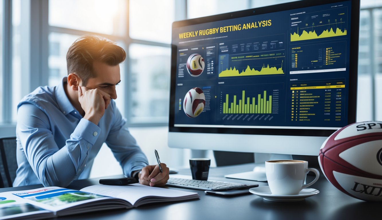 Seorang pria sedang menganalisis data taruhan rugby mingguan di depan komputer dengan bola rugby dan catatan di meja.