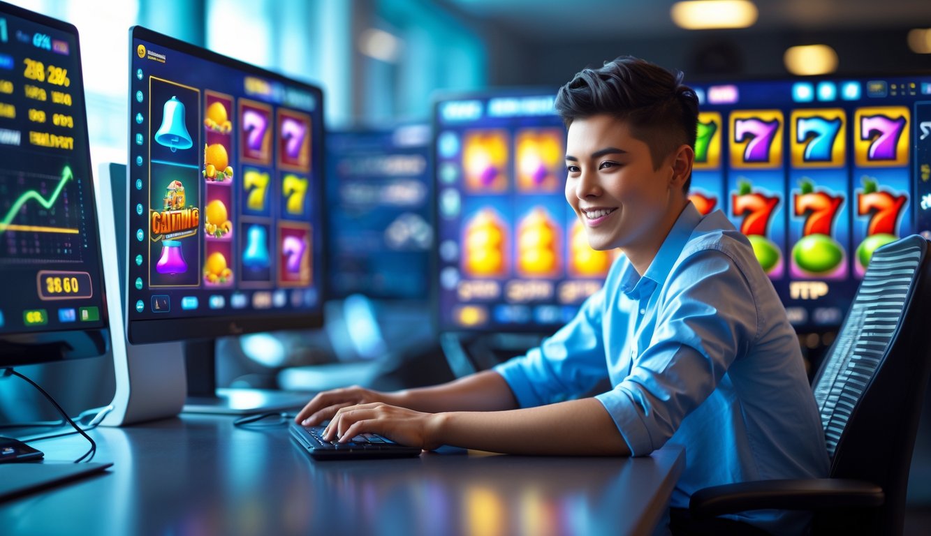 Seorang dewasa muda sedang bermain game slot online di laptop dengan beberapa layar komputer di sekitarnya yang menampilkan grafik dan simbol permainan.