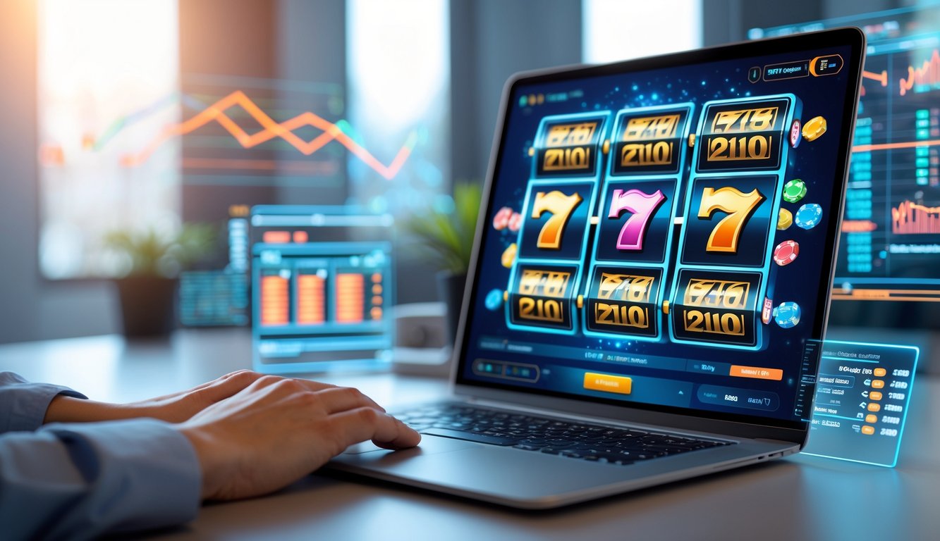 Seorang pemain menggunakan komputer dengan layar menampilkan permainan mesin slot online yang berwarna-warni dan grafik data real-time di latar belakang.