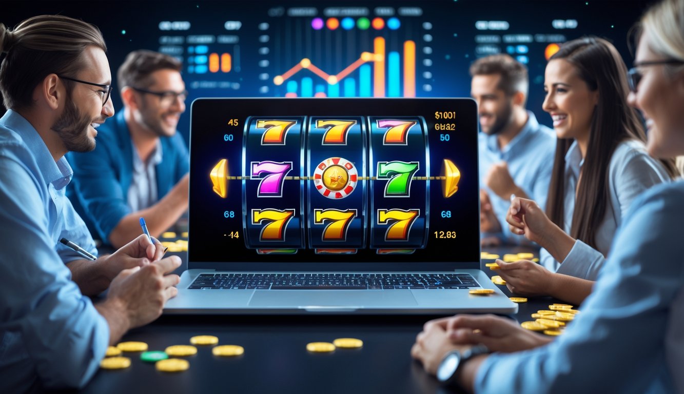 Orang-orang bermain mesin slot online di depan komputer dengan grafik warna-warni dan data statistik di latar belakang.