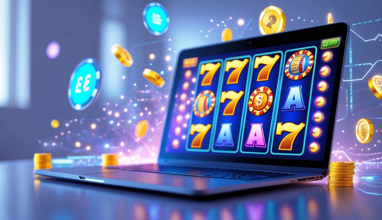 Sebuah komputer modern menampilkan permainan slot online dengan gulungan berwarna-warni dan simbol jackpot, menciptakan suasana kemenangan dan kepercayaan.