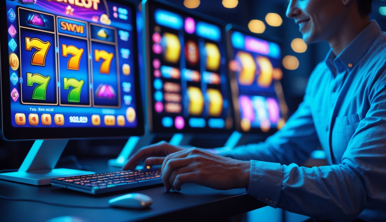 Seorang pria menggunakan komputer dengan layar menampilkan permainan slot online berwarna-warni dan simbol jackpot.
