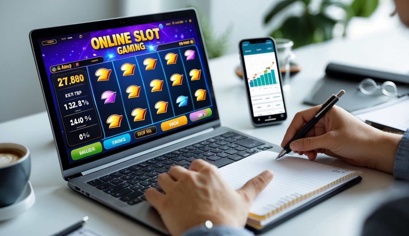 Seseorang sedang bekerja di depan laptop dan ponsel yang menampilkan permainan slot online dan statistik waktu nyata, dengan meja kerja yang rapi.