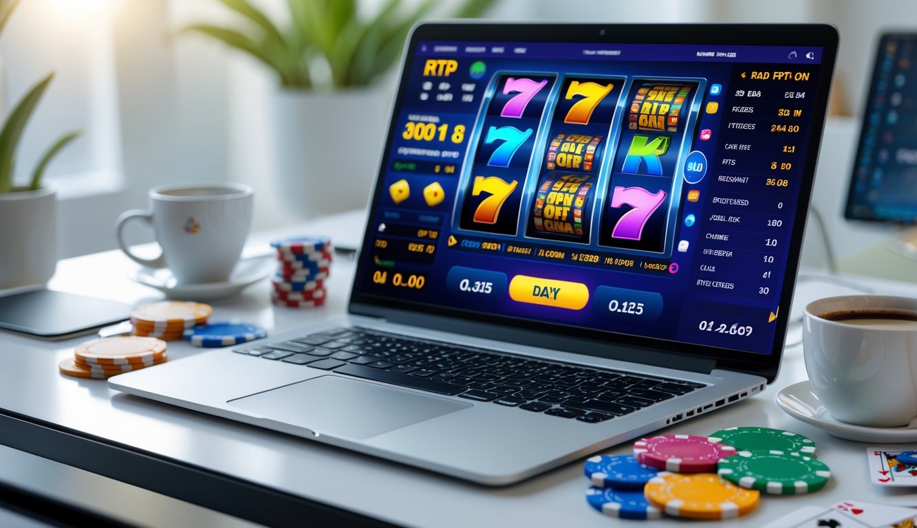 Seorang pemain slot online menggunakan komputer dengan tampilan permainan slot berwarna-warni dan statistik RTP di layar, dikelilingi oleh chip poker dan kartu remi di atas meja kerja.