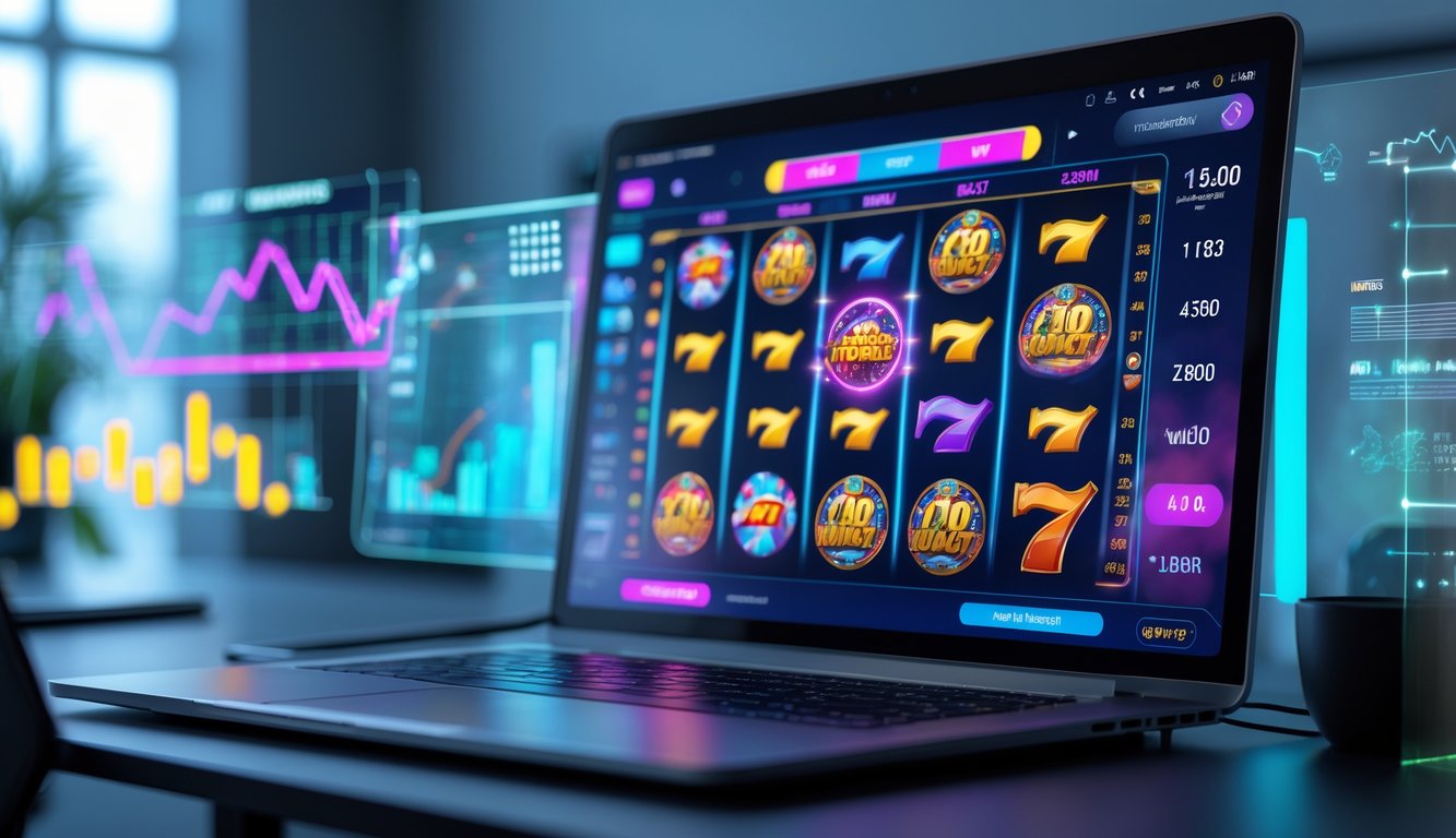 Seorang pengguna duduk di depan komputer yang menampilkan permainan slot online dengan grafik warna-warni dan simbol kemenangan, di sekitar layar terlihat grafik dan indikator persentase kemenangan secara real-time.