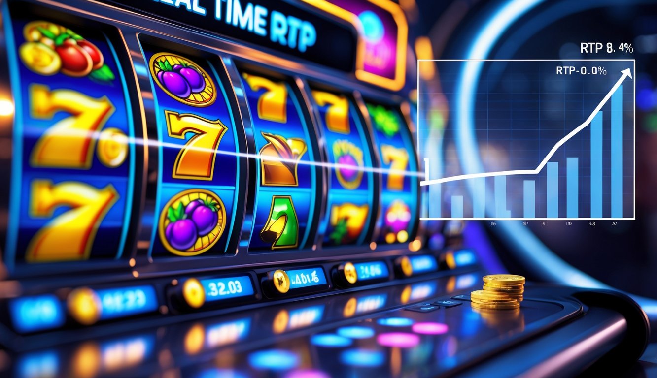 Layar mesin slot online dengan simbol berwarna-warni dan grafik persentase kemenangan real-time di latar belakang.