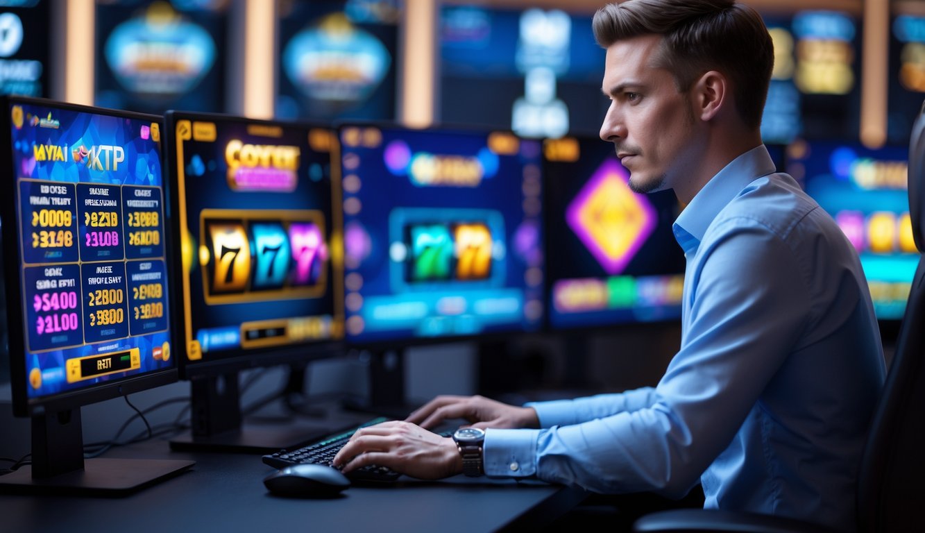 Seorang pemain profesional sedang bermain game slot online di depan komputer dengan beberapa layar menampilkan grafik permainan dan statistik RTP.
