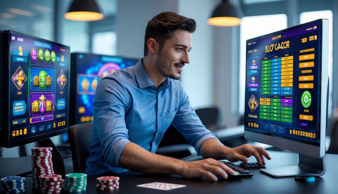 Seorang pemain profesional sedang menggunakan komputer dengan beberapa layar menampilkan permainan slot online dan grafik RTP secara real-time di ruang kantor yang terang dan rapi.