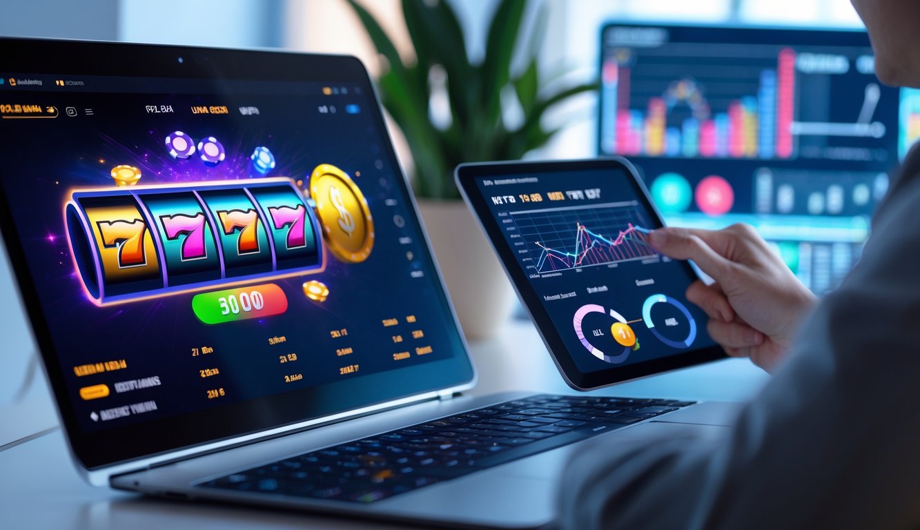 Seorang pria sedang menggunakan laptop dan tablet untuk menganalisis permainan slot online dengan grafik dan simbol jackpot di layar.