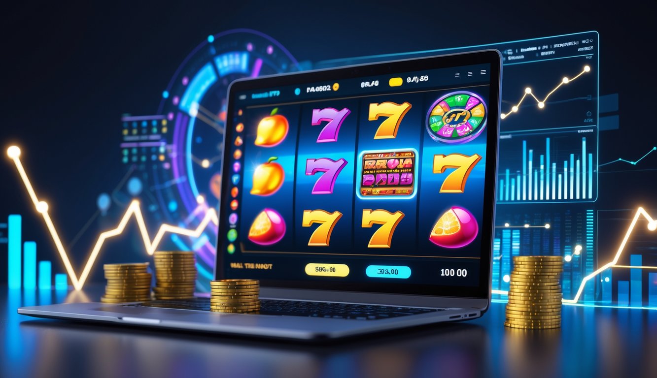 Seorang pengguna sedang bermain permainan slot online di laptop dengan tampilan grafik dan simbol slot yang berwarna-warni serta elemen data analitik di sekitar layar.