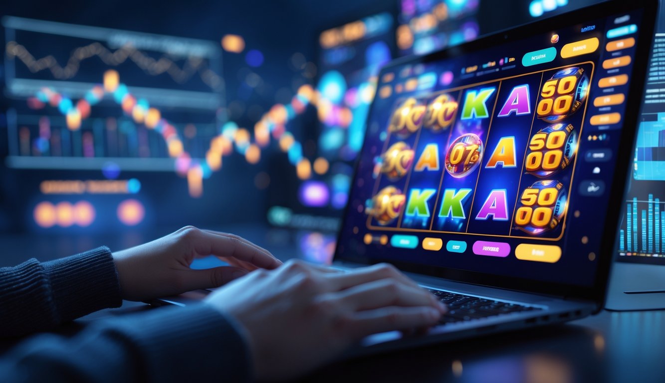 Seorang pengguna sedang melihat layar komputer yang menampilkan permainan slot online dengan grafik berwarna-warni dan elemen data real-time di sekitarnya.