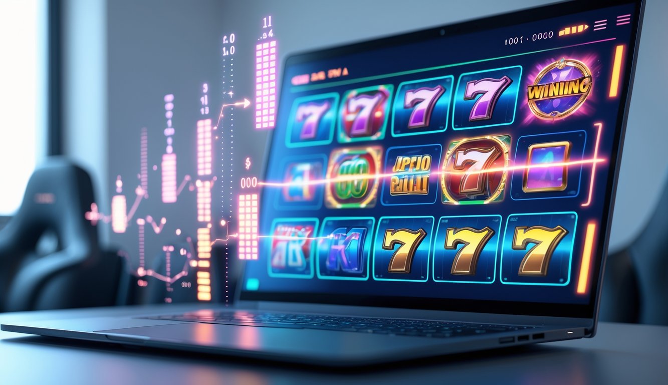 Suasana modern dengan komputer menampilkan permainan slot online berwarna-warni dan elemen grafik digital di sekitarnya.
