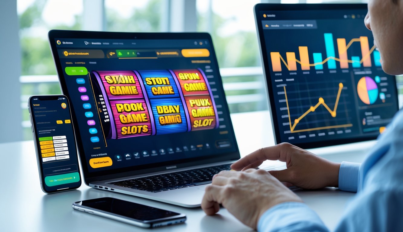 Seorang pria duduk di meja kerja dengan laptop dan ponsel yang menampilkan grafik permainan slot online dan data waktu nyata.