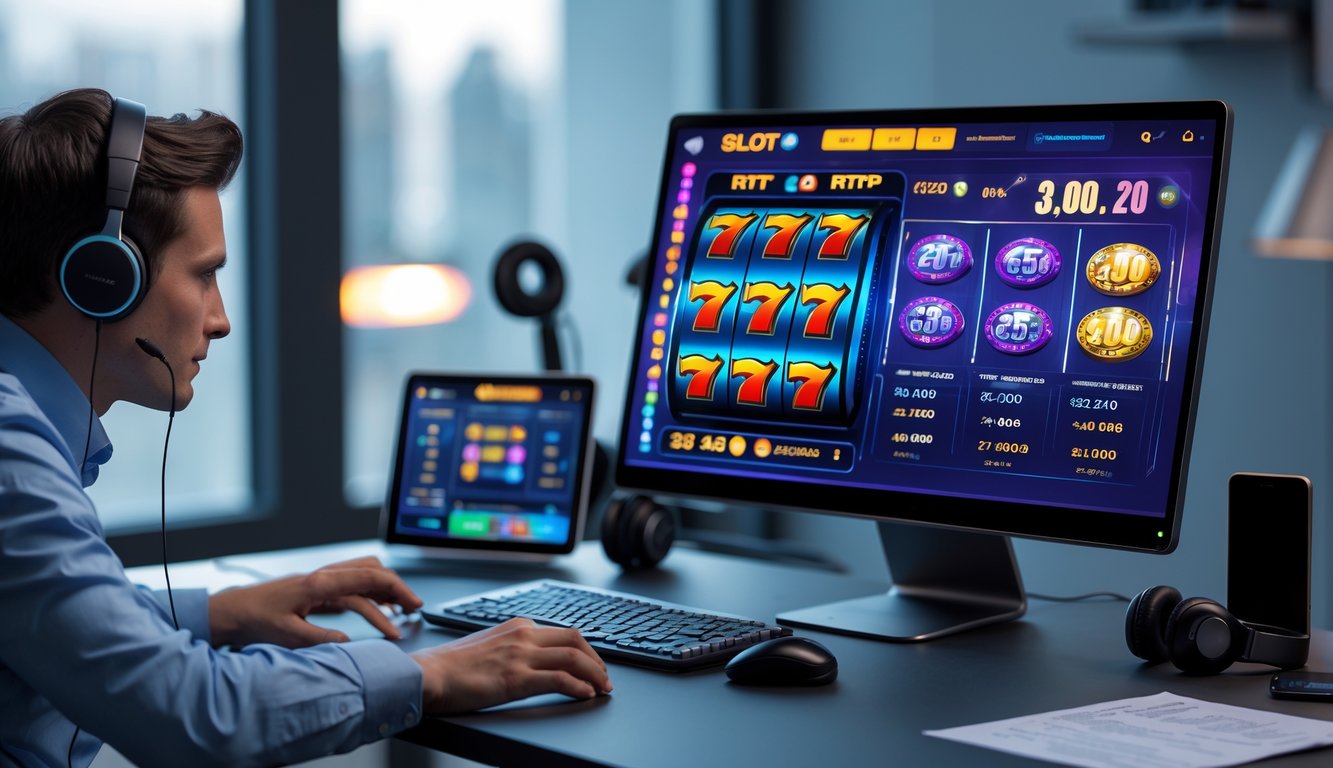 Seorang pria sedang menganalisis data permainan slot online di depan komputer dengan grafik dan statistik RTP real-time di layar.