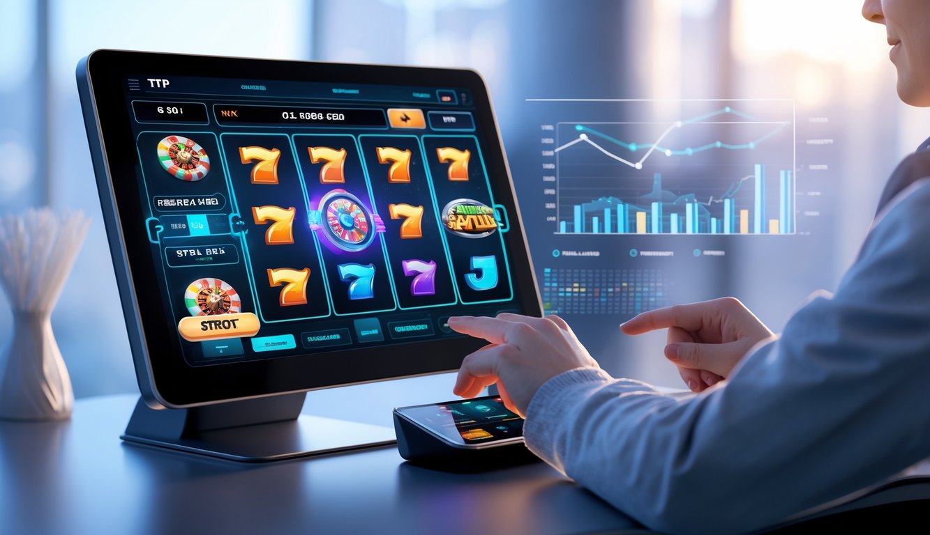 Seorang pemain menggunakan perangkat layar sentuh dengan tampilan permainan slot online berwarna-warni dan grafik statistik di latar belakang.