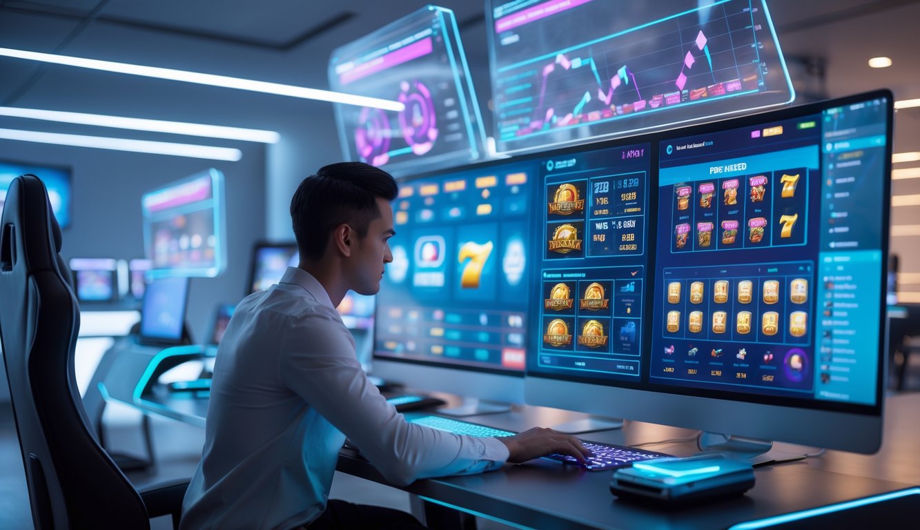 Seseorang sedang menggunakan komputer dengan layar menampilkan grafik dan antarmuka permainan slot online dalam suasana ruangan modern.