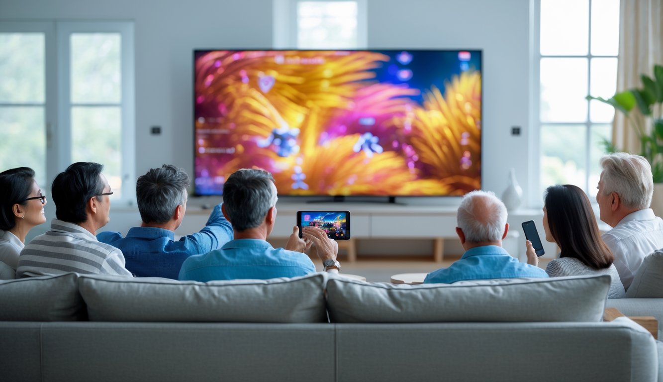 Beberapa orang sedang menonton acara live streaming di ruang tamu yang nyaman dengan televisi layar besar.