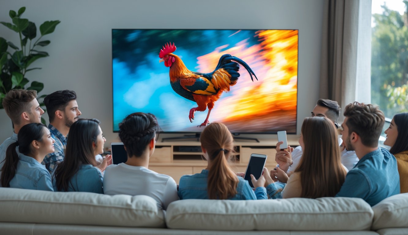 Sekelompok orang muda menonton pertandingan sabung ayam secara online di ruang tamu yang nyaman dengan layar televisi besar.