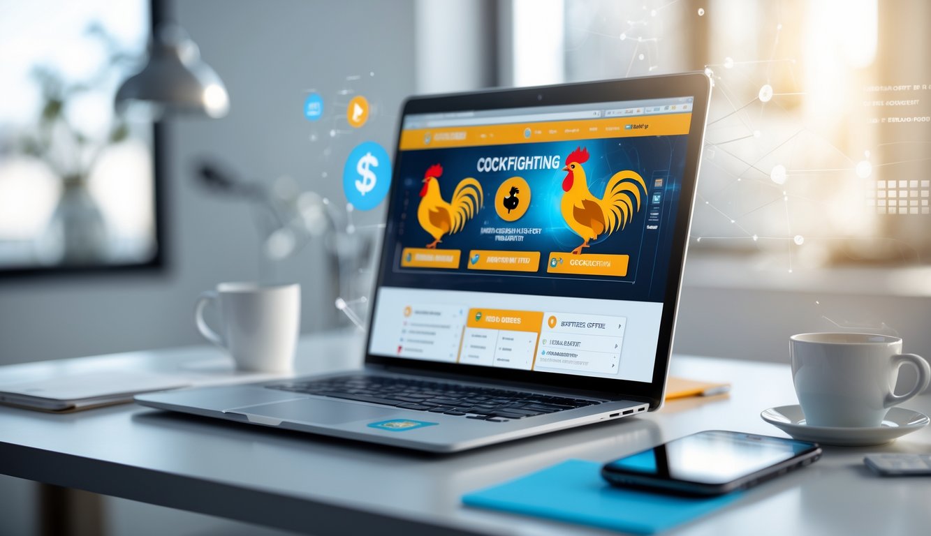 Seorang pengguna bekerja di depan laptop yang menampilkan situs sabung ayam online dengan ikon ayam jago, di meja terdapat ponsel dan kopi, suasana terang dan modern.