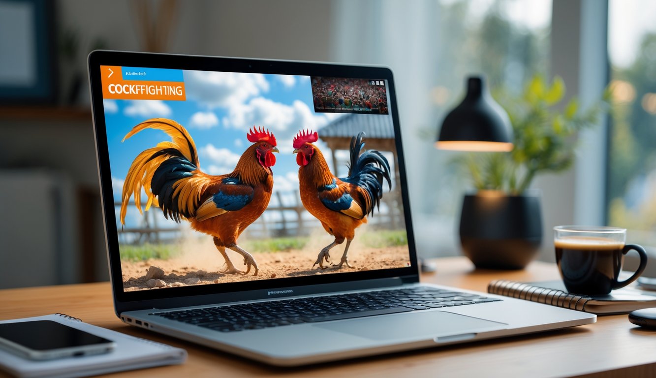 Sebuah laptop di meja kayu menampilkan siaran langsung sabung ayam dengan dua ayam jago sedang bertarung, di dalam ruangan dengan cahaya alami dan suasana nyaman.