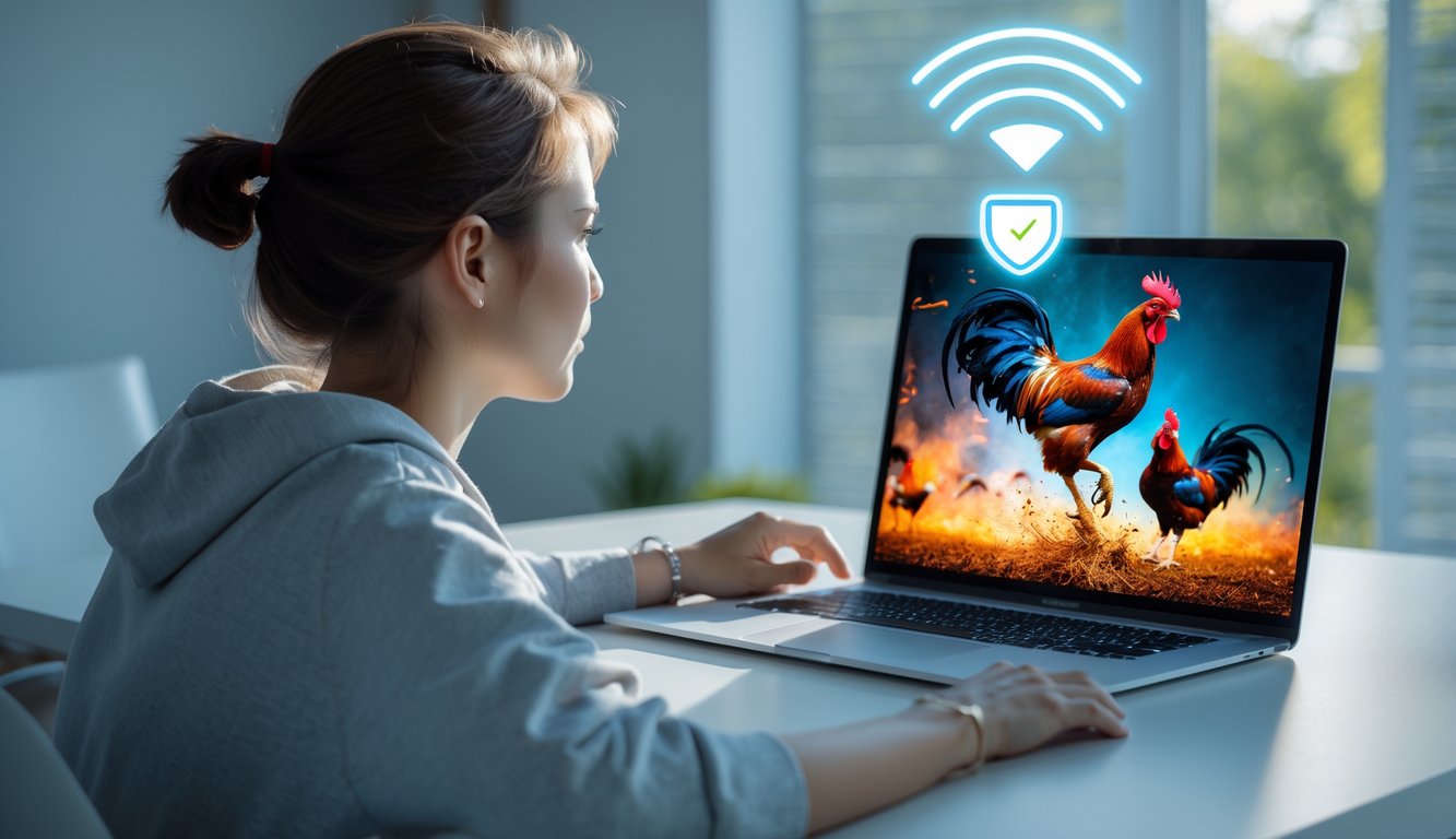 Seseorang menonton siaran langsung sabung ayam online di laptop di dalam ruangan yang terang dengan suasana nyaman.