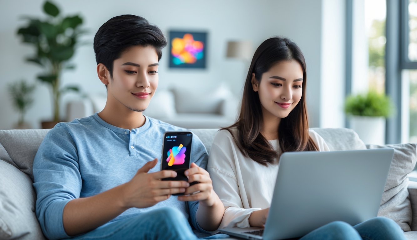 Seorang pria dan wanita muda duduk di ruang tamu menggunakan ponsel dan laptop dengan ekspresi santai dan fokus.