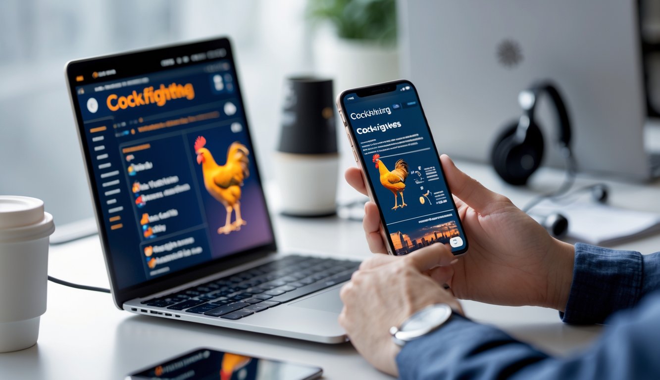 Seseorang menggunakan laptop dan ponsel di meja kerja untuk mengakses konten online tentang sabung ayam.