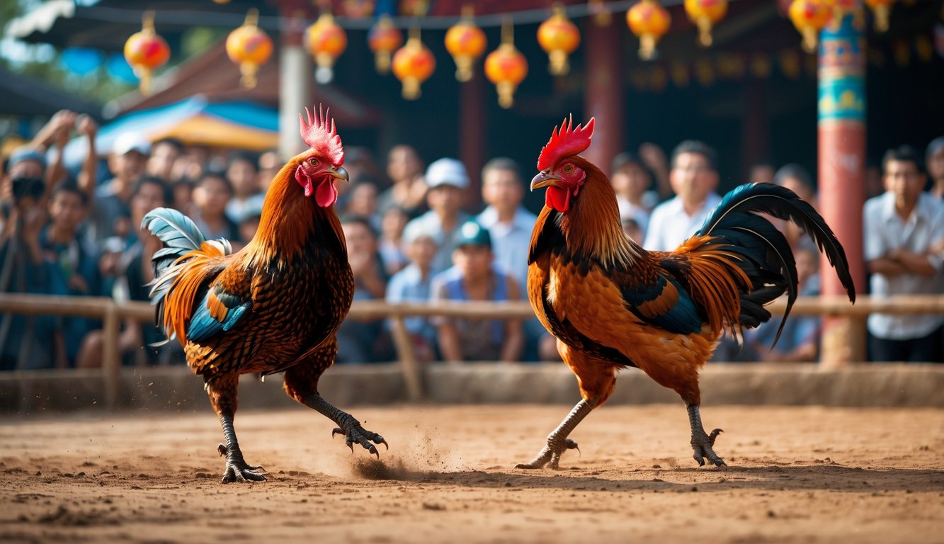 Dua ayam jago sedang bertarung di arena dengan kerumunan penonton yang antusias di latar belakang.