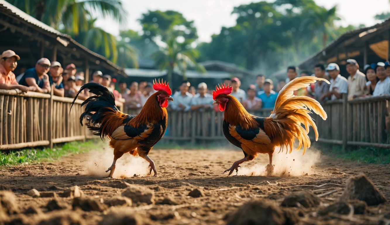 Dua ayam jago bertarung di arena terbuka dikelilingi oleh penonton yang memperhatikan dengan antusias.