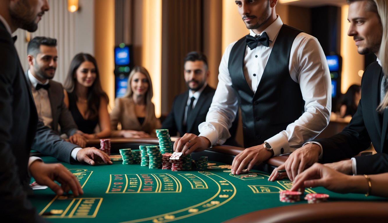 Meja blackjack di kasino dengan dealer dan pemain yang fokus bermain kartu, suasana mewah dan aman.