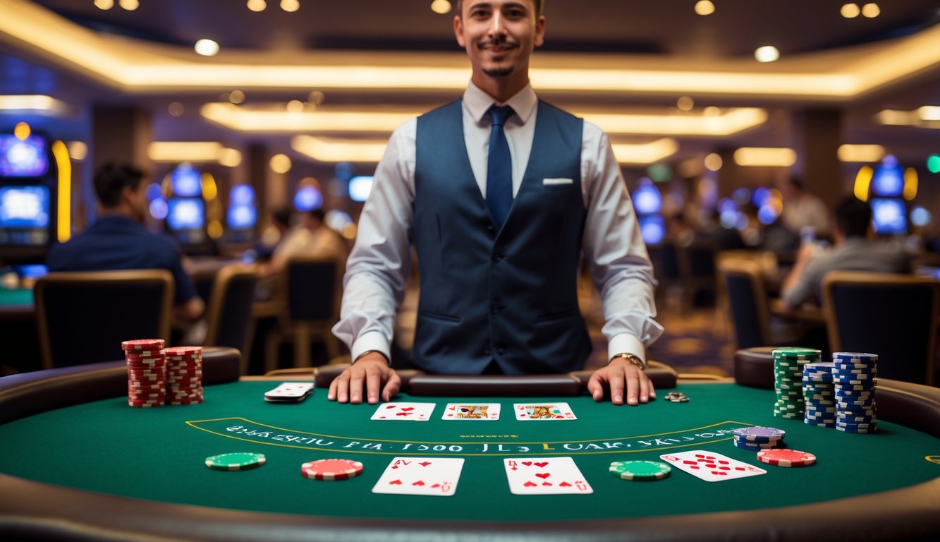 Seorang dealer berdiri di meja blackjack dengan kartu dan chip, dikelilingi pemain di kasino yang terlihat aman dan profesional.