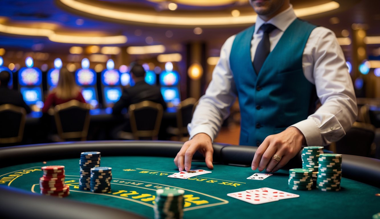 Suasana meja blackjack di kasino dengan dealer dan pemain yang sedang bermain kartu.