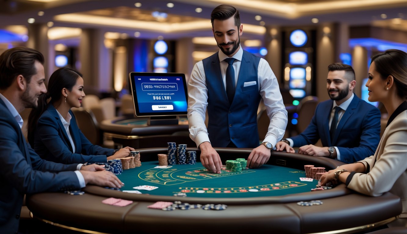 Meja blackjack di kasino dengan dealer dan pemain yang sedang bermain kartu, suasana mewah dan profesional.