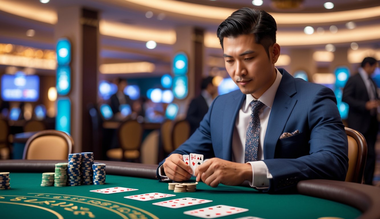 Seorang pria Asia Tenggara duduk di meja blackjack kasino dengan ekspresi fokus, suasana kasino yang aman dan teratur di sekitarnya.